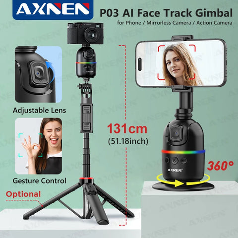 AI顔追跡ジンバル・スマホスタビライザー 360°自動回転セルフィースタンド iPhone 15 Pro Max / Android対応（オプション三脚付き）